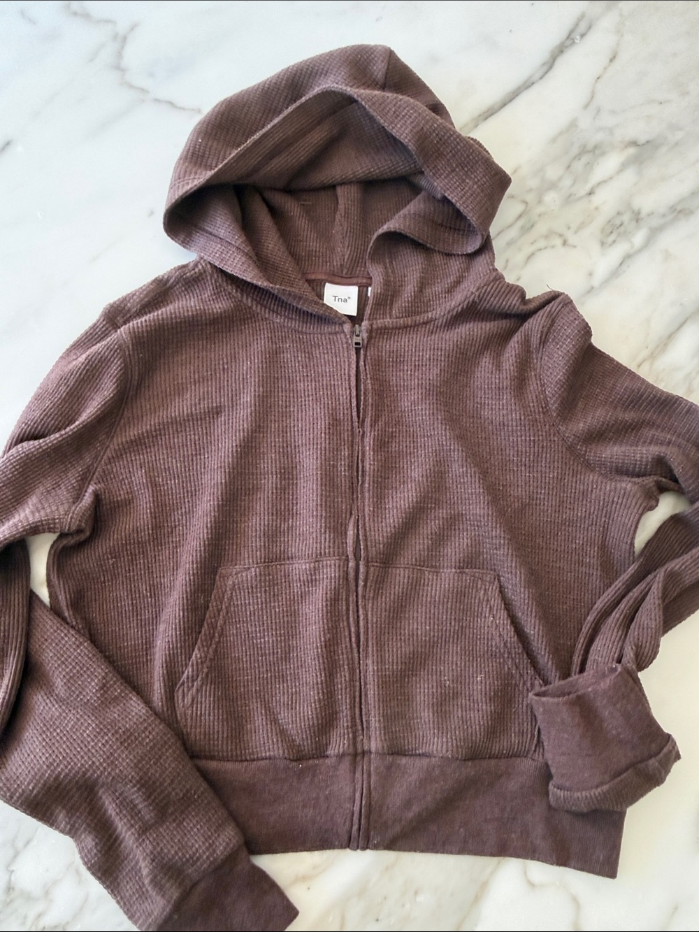 TNA women’s brown light weight Waffle-Knit Zip Cropped Hoodie